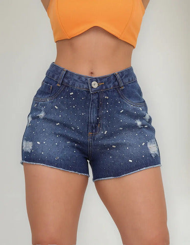 Short Jeans Feminino Strass Brilho Aplicaçao Cintura Alta