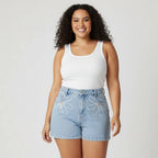 Short Jeans Plus Size Bordado Barra Feita Cintura Alta Liso