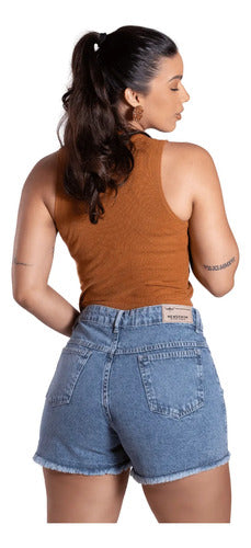 Short Jeans Feminino Dpl Jeans 100% Algodão Cintura Alta Mom