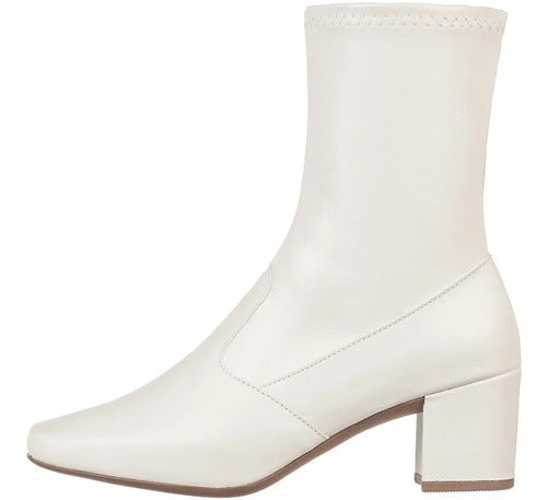 Bota Branca Feminina Stretch Bico Quadrado Salto Grosso
