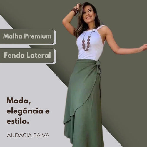 Saia Envelope Traspassada Midi Com Forro De Luxo Tendencia