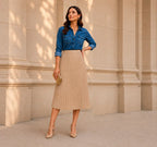 Saia Midi Plissada Bege Cintura Alta Moda Evangélica Elegant