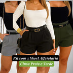 Kit 3 Shorts Alfaiataria Feminino Com Cinto Verão Lindo