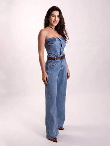 Macacão Jeans Feminino Tomara Que Caia Cintura Alta