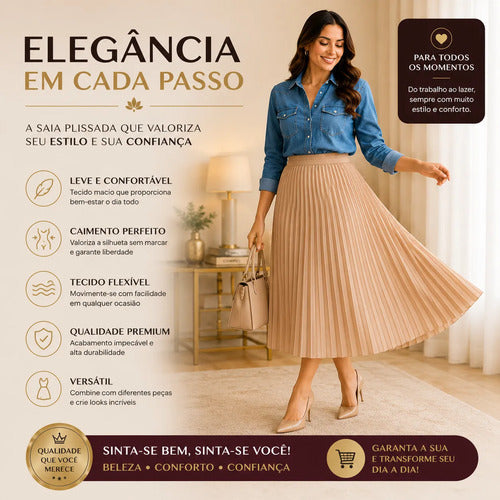 Saia Midi Plissada Bege Cintura Alta Moda Evangélica Elegant