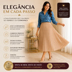 Saia Midi Plissada Bege Cintura Alta Moda Evangélica Elegant