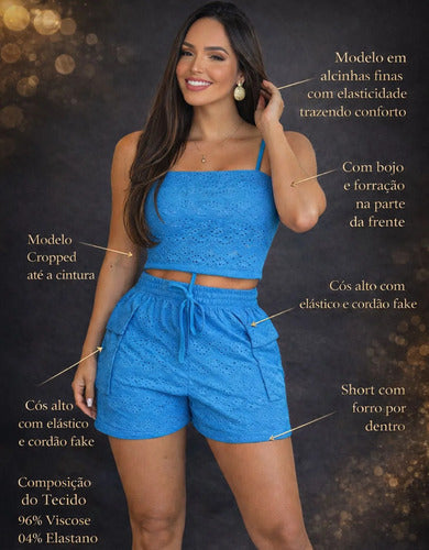 Conjunto Feminino Cropped Top E Short Cós Alto Verão Casual