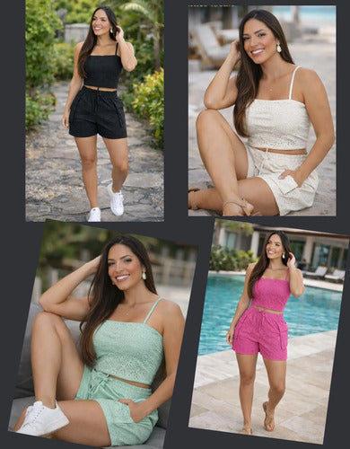 Conjunto Feminino Cropped Top E Short Cós Alto Verão Casual