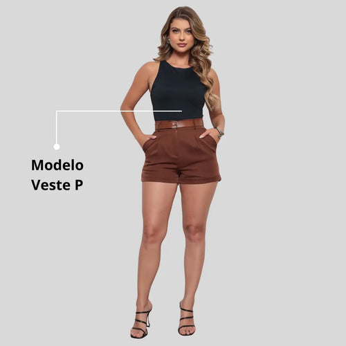 Short Alfaiataria Casual Curto Com Cinto E Bolsos Tendência