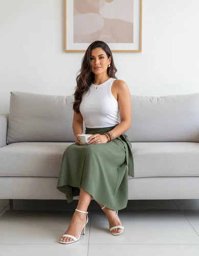 Saia Envelope Traspassada Midi Com Forro De Luxo Tendencia