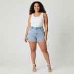 Short Jeans Plus Size Bordado Barra Feita Cintura Alta Liso