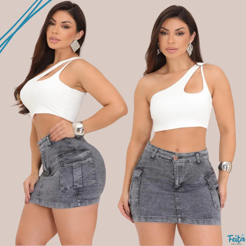 Saia Cargo Feminina Cintura Alta Com Lycra Moda  Estilosa