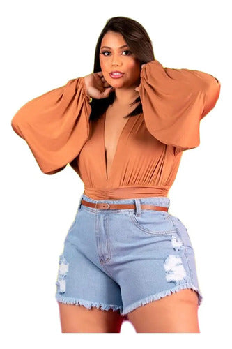 Short Jeans Plus Size Feminino Com Cinto Barra Desfiada