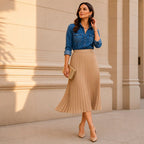 Saia Midi Plissada Bege Cintura Alta Moda Evangélica Elegant