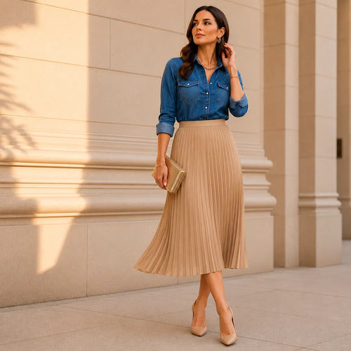 Saia Midi Plissada Bege Cintura Alta Moda Evangélica Elegant