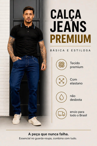 Calça Jeans Masculina Azul Escuro Slim Com Elastano