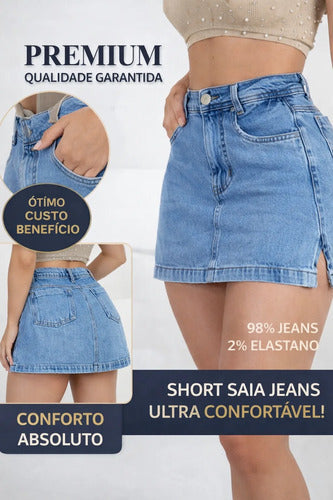 Short Saia Jeans Premium Feminino Cintura Alta Moda Casual
