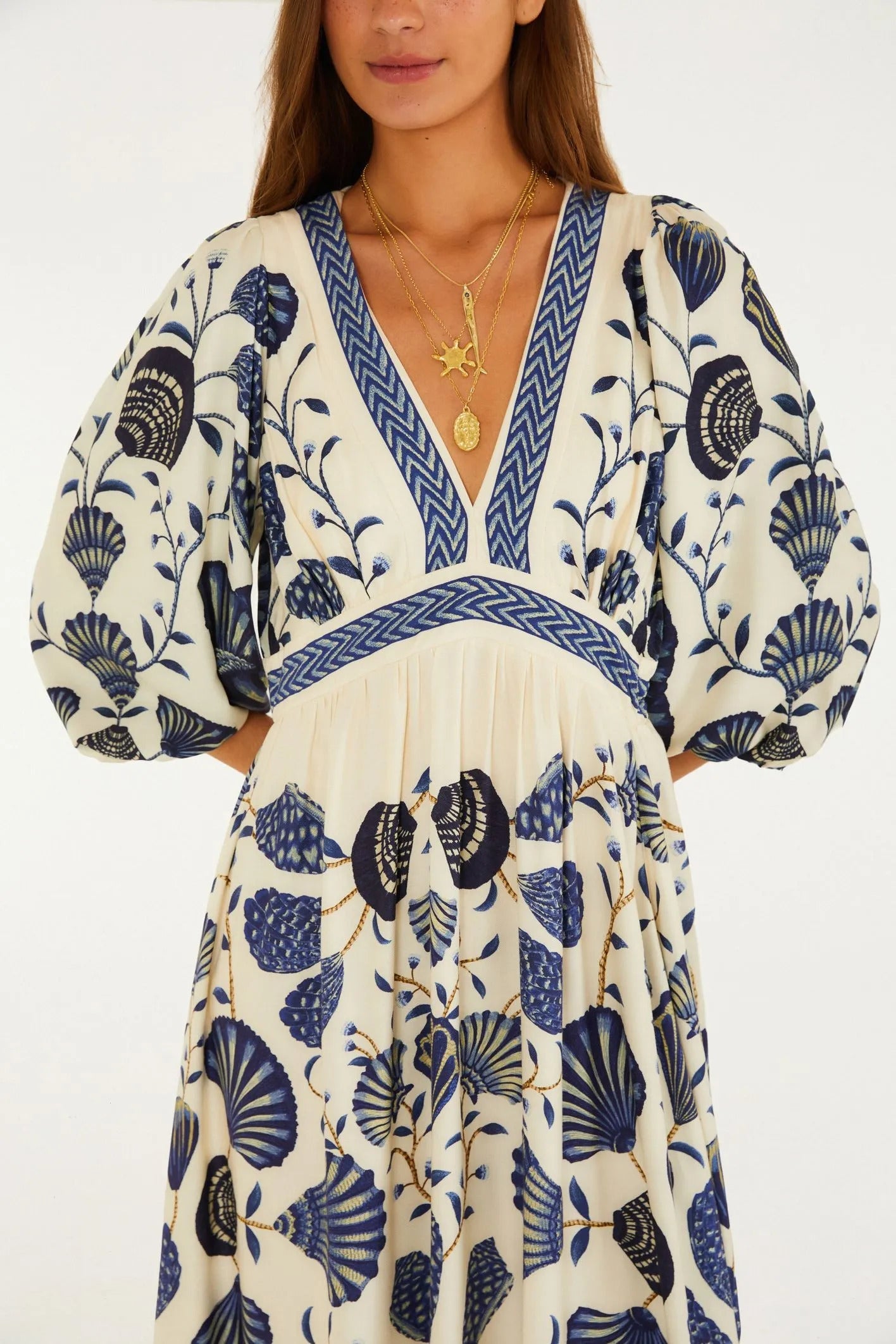 Vestido Longo Manga Estampado Sonho De Concha