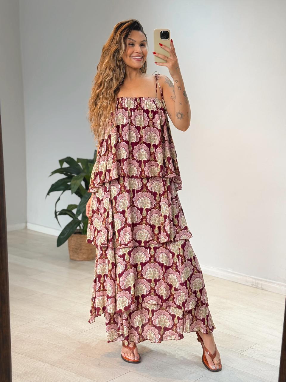 Vestido Longo Babados Estampado Leque De Pavão