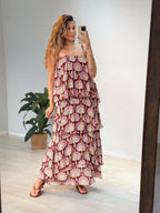 Vestido Longo Babados Estampado Leque De Pavão