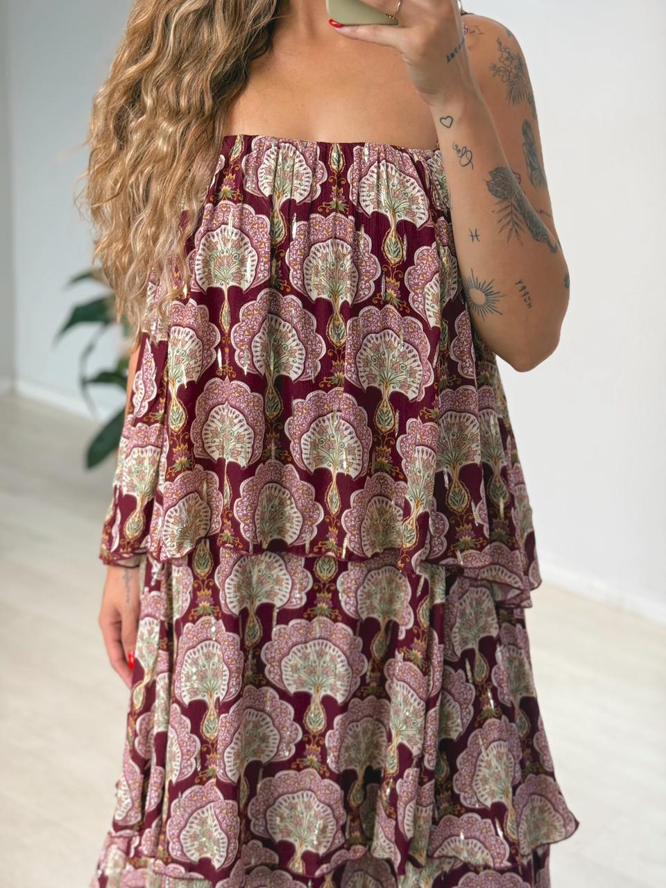 Vestido Longo Babados Estampado Leque De Pavão