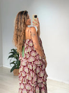Vestido Longo Babados Estampado Leque De Pavão
