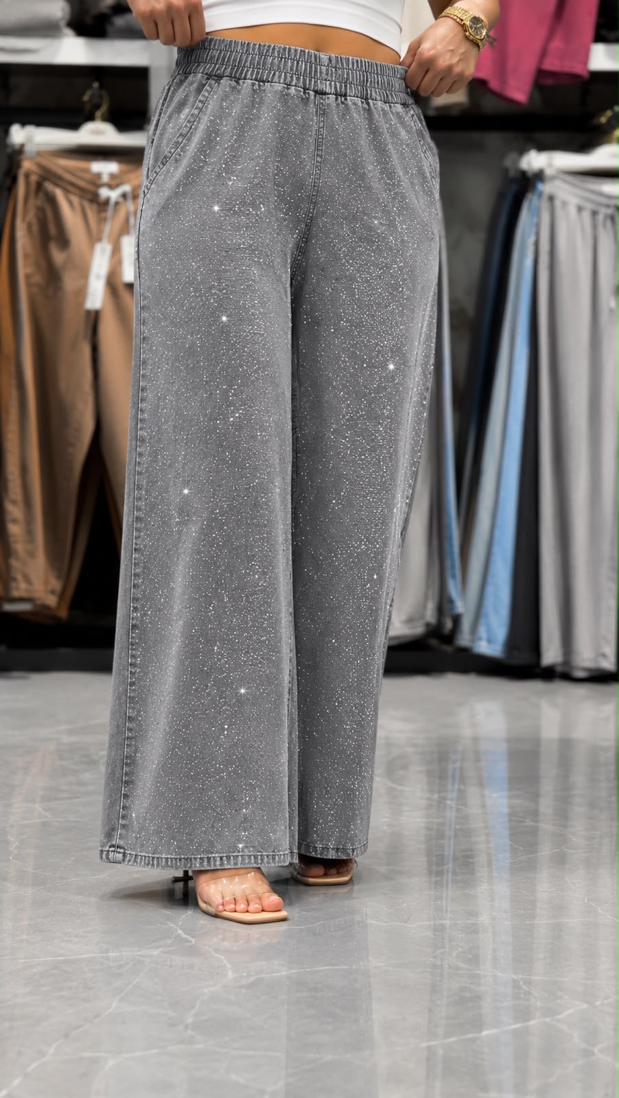 Calça Jeans Wide Leg Brilho Premium
