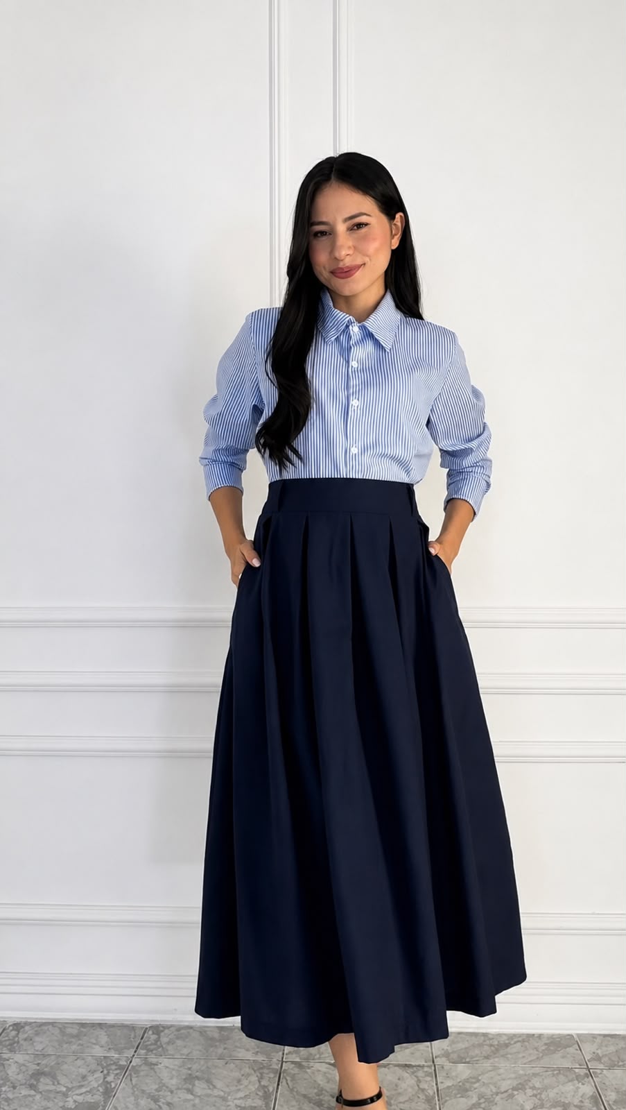 Saia Longa Midi Plissada com Bolsos – Azul Marinho