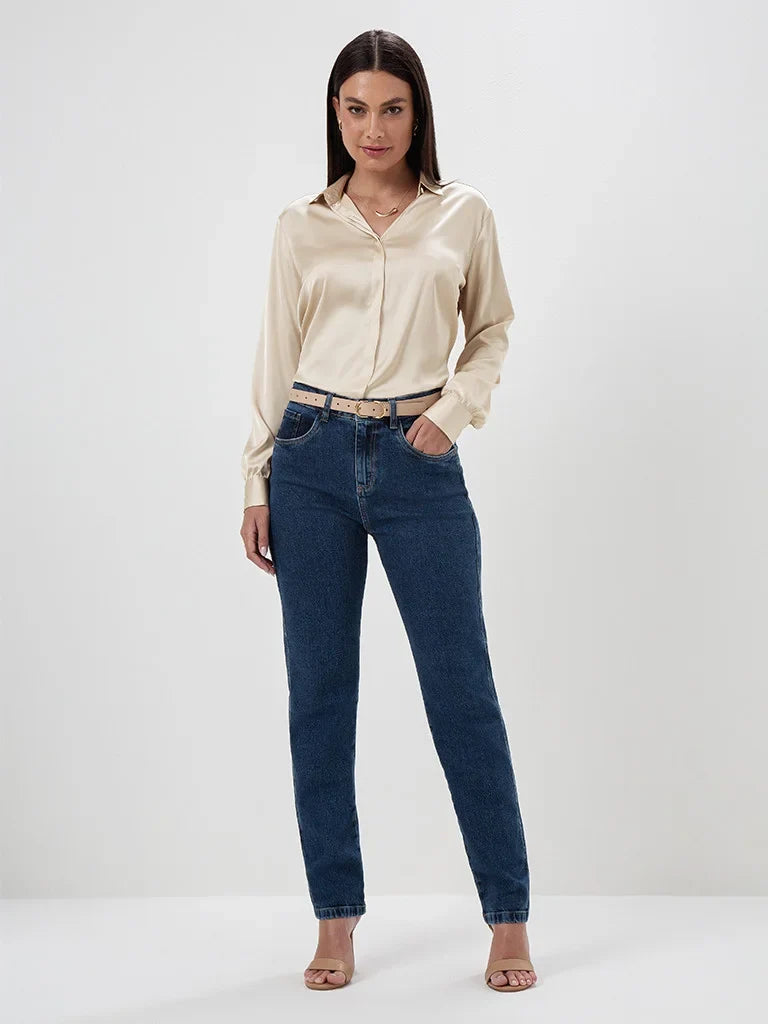 Calça Jeans Reta Slim Azul Escuro Safira