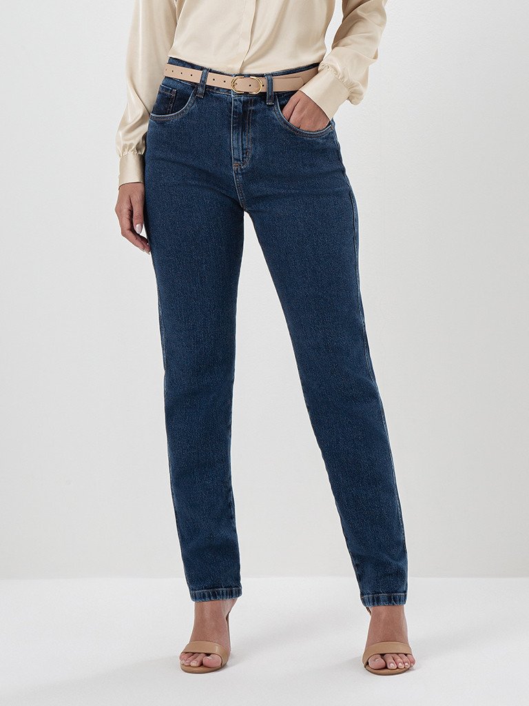Calça Jeans Reta Slim Azul Escuro Safira